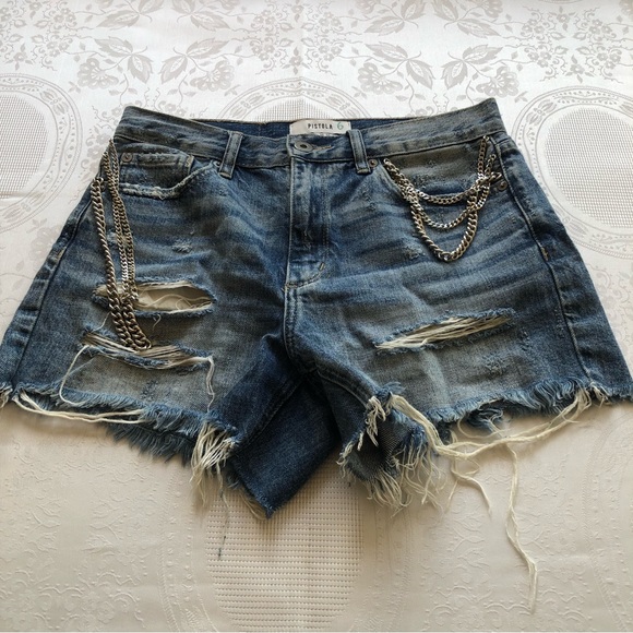 Pistola Jeans Denim Shorts Women’s Size 26 Blue Ripped Distressed Metal Chain - Picture 15 of 16